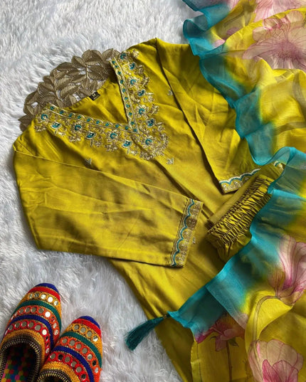 Yellow Rayon Slub Embroidery Kurti Pant Dupatta Set | Chanderi Digital Print Dupatta with Latkan - Rosepetals Luxe