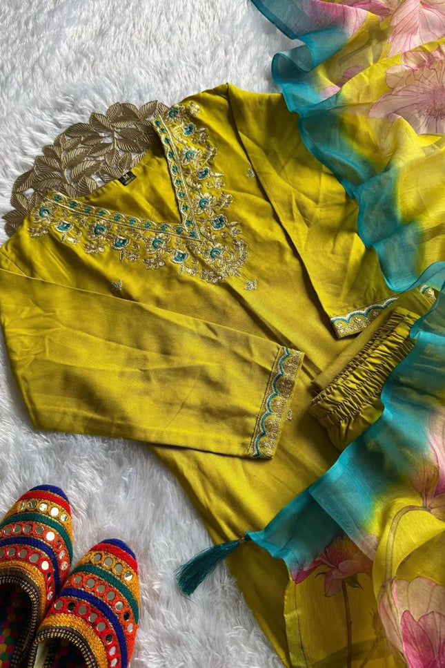Yellow Rayon Slub Embroidery Kurti Pant Dupatta Set | Chanderi Digital Print Dupatta with Latkan - Rosepetals Luxe