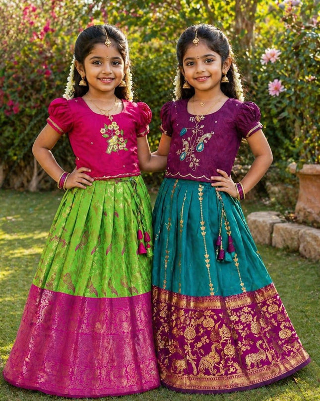Zari Bloom Silk Lehenga Set | Girls Festive Wear - Rosepetals Luxe