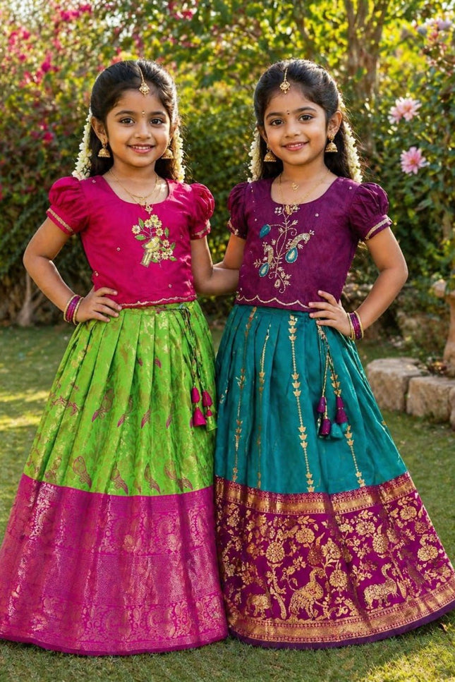 Zari Bloom Silk Lehenga Set | Girls Festive Wear - Rosepetals Luxe