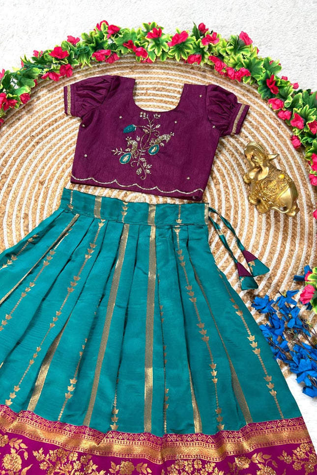Zari Bloom Silk Lehenga Set | Girls Festive Wear - Rosepetals Luxe