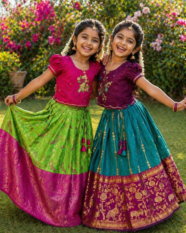 Zari Bloom Silk Lehenga Set | Girls Festive Wear - Rosepetals Luxe