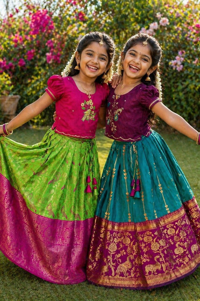 Zari Bloom Silk Lehenga Set | Girls Festive Wear - Rosepetals Luxe
